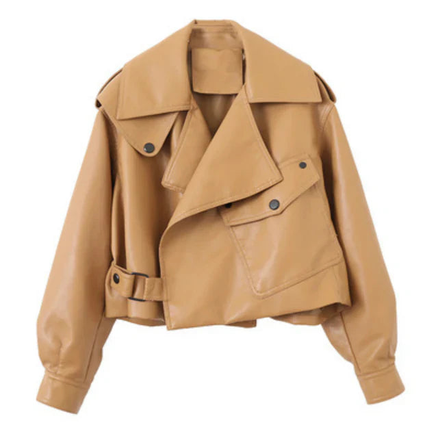 Elegante chaqueta de cuero abotonada de gran tamaño para mujer | Perfecta para temporadas de transición