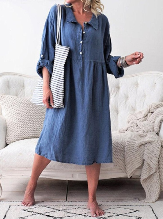 Vestido casual con botones y cuello plisado