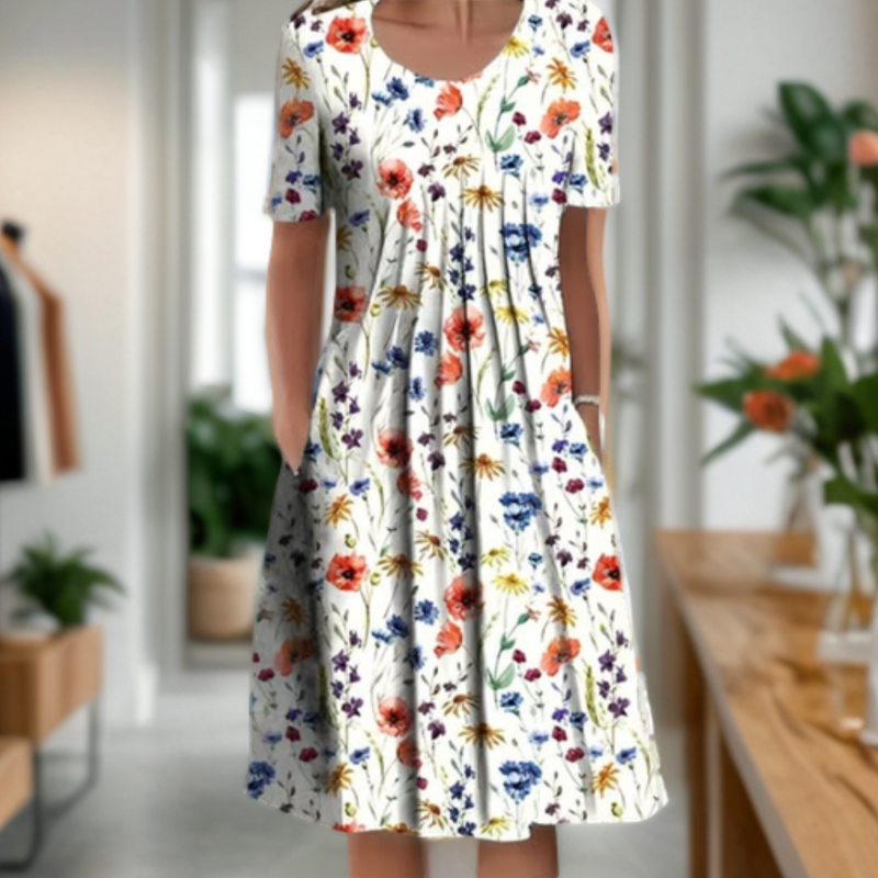 Vestido ancho con cuello redondo, manga tres cuartos y estampado