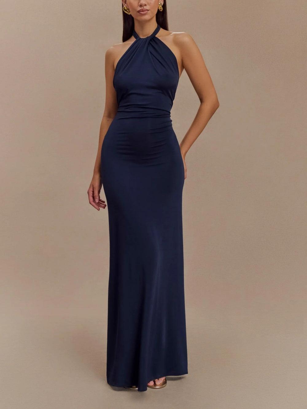 Vestido largo de cuello halterneck con estilo elegante para ocasiones especiales