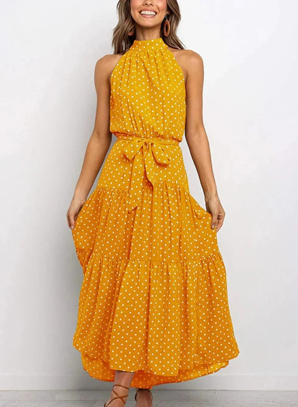 Vestido largo estampado con lazo en la cintura