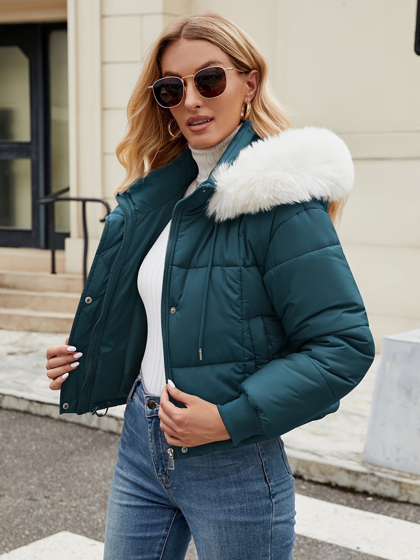 Elegante chaqueta corta de invierno con capucha de piel para mujer | Ideal para otoño/invierno