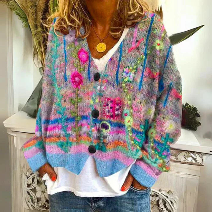 Chaqueta de punto con botones florales para mujer