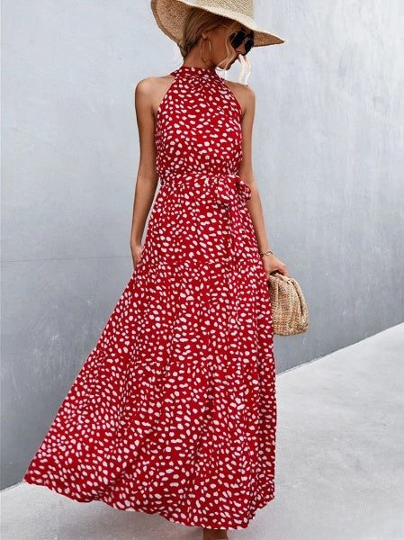 vestido mono más vendido con tirantes y cuello halter con estampado de lunares ondulados