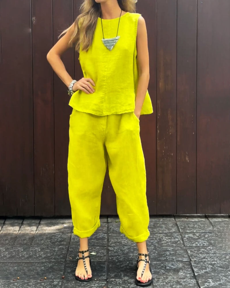 chaleco liso sin mangas-pantalón-lino de algodón-conjunto de dos piezas