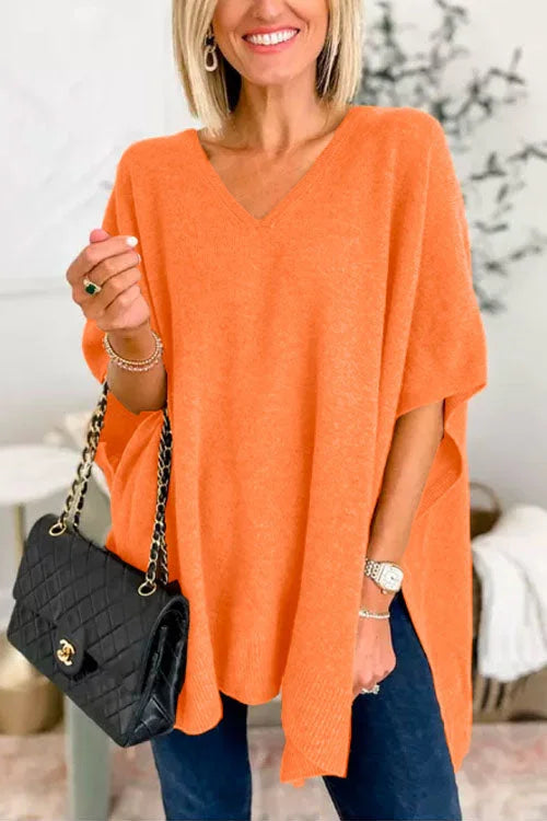 Jessica | Jersey poncho liso con cuello en V, elegante corte holgado