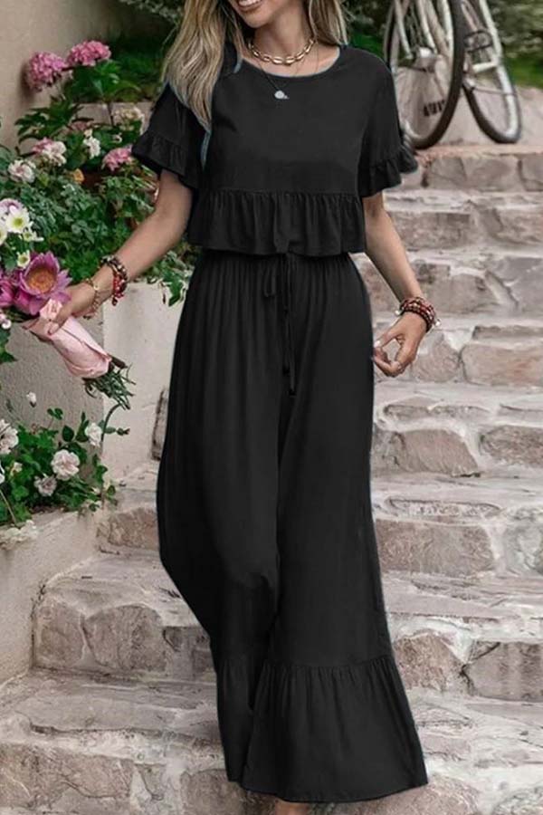 Casual pantalones sueltos unicolor con mangas cortas y perneras anchas conjunto de dos piezas