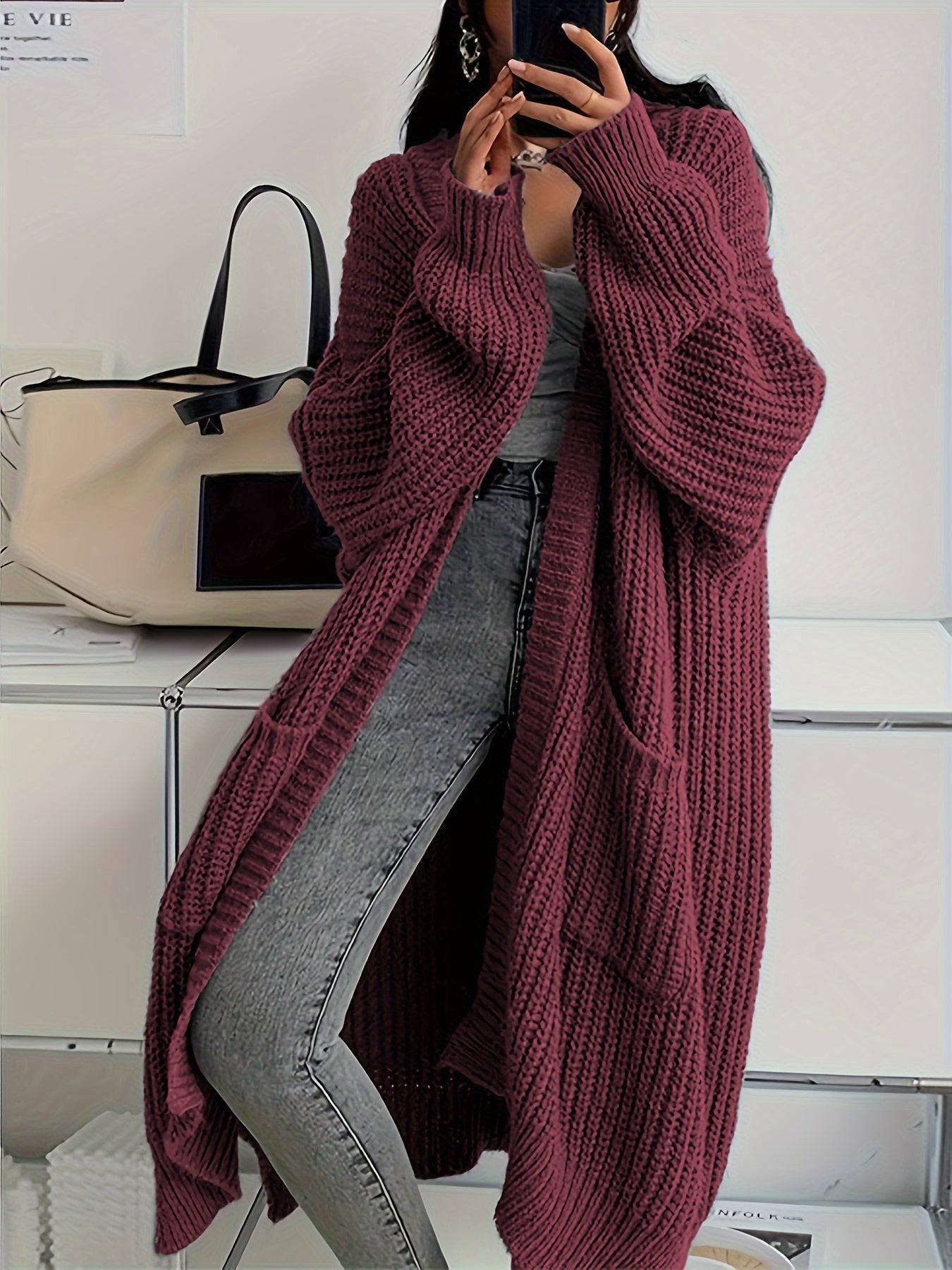Chaqueta casual larga de lana con bolsillos cosidos para mujer | Perfecta para el día a día