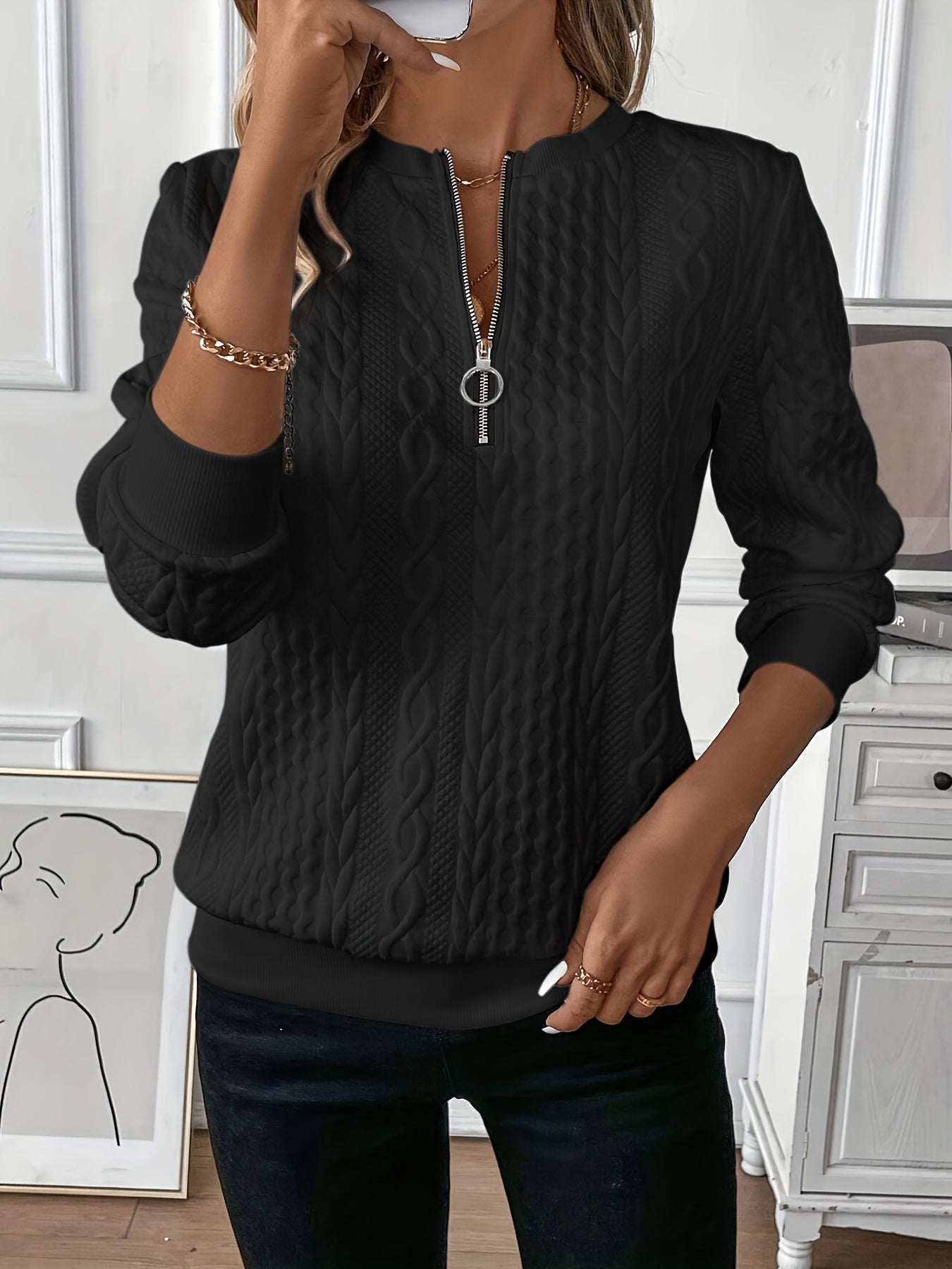 Kiera - Sudadera informal de mujer con textura y media cremallera (Otoño)