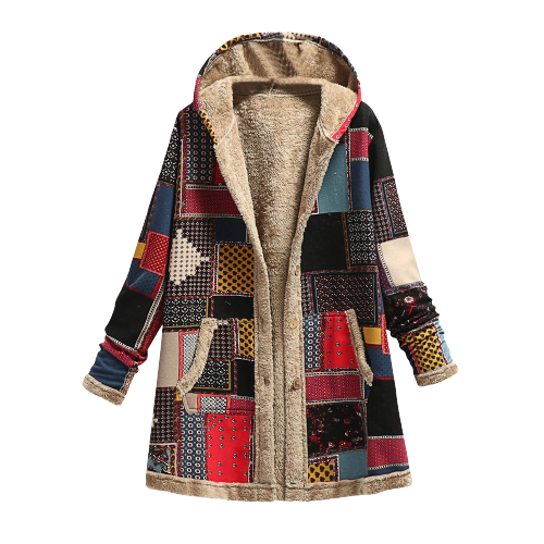 Lujosa, elegante y cálida chaqueta con capucha de patchwork de piel de oveja para mujer