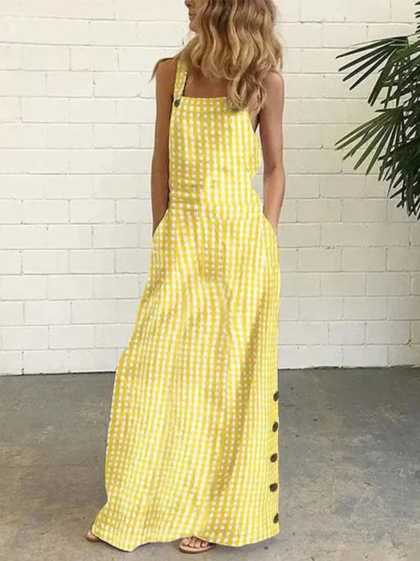 Vestido estampado sin mangas con botones y bolsillos