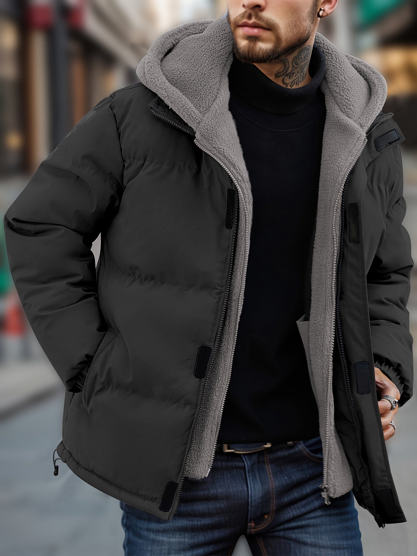 Cálido grueso con capucha sin cremallera de imitación de dos piezas chaqueta de invierno para los hombres | Perfecto para actividades al aire libre