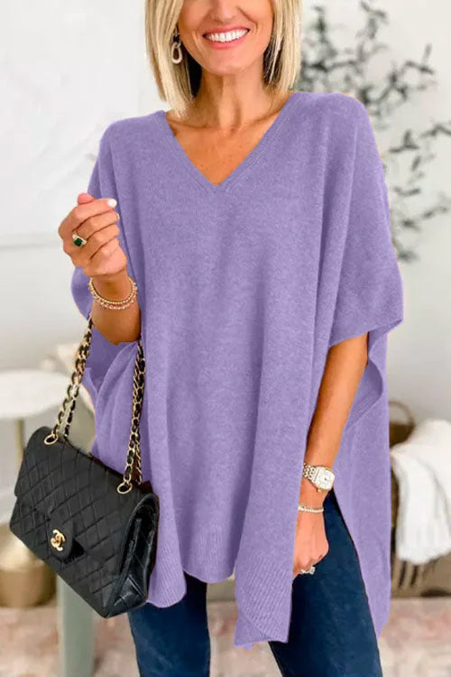 Jessica | Jersey poncho liso con cuello en V, elegante corte holgado