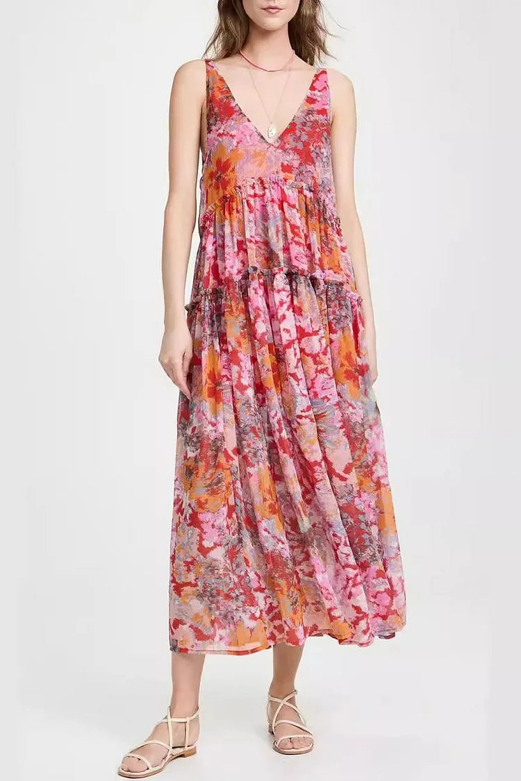 vestidos sin mangas con cuello en V plisado con flores