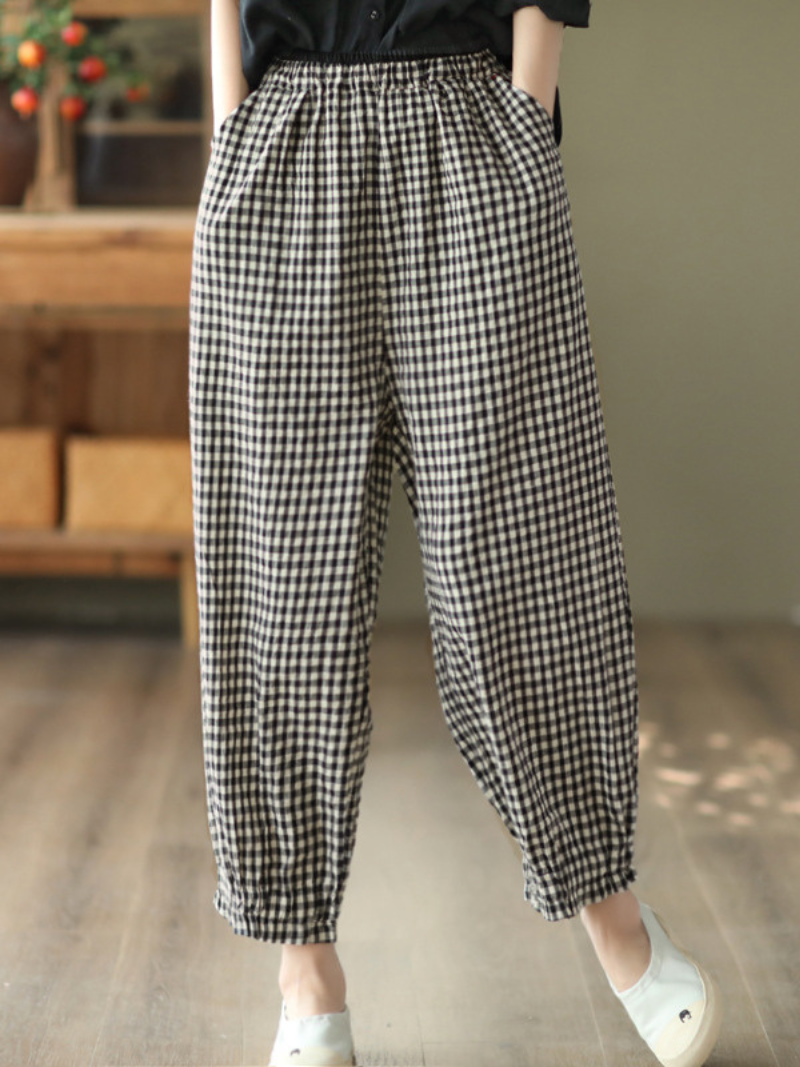 Elastic Waist Checked Casual Harem Pants Bottom