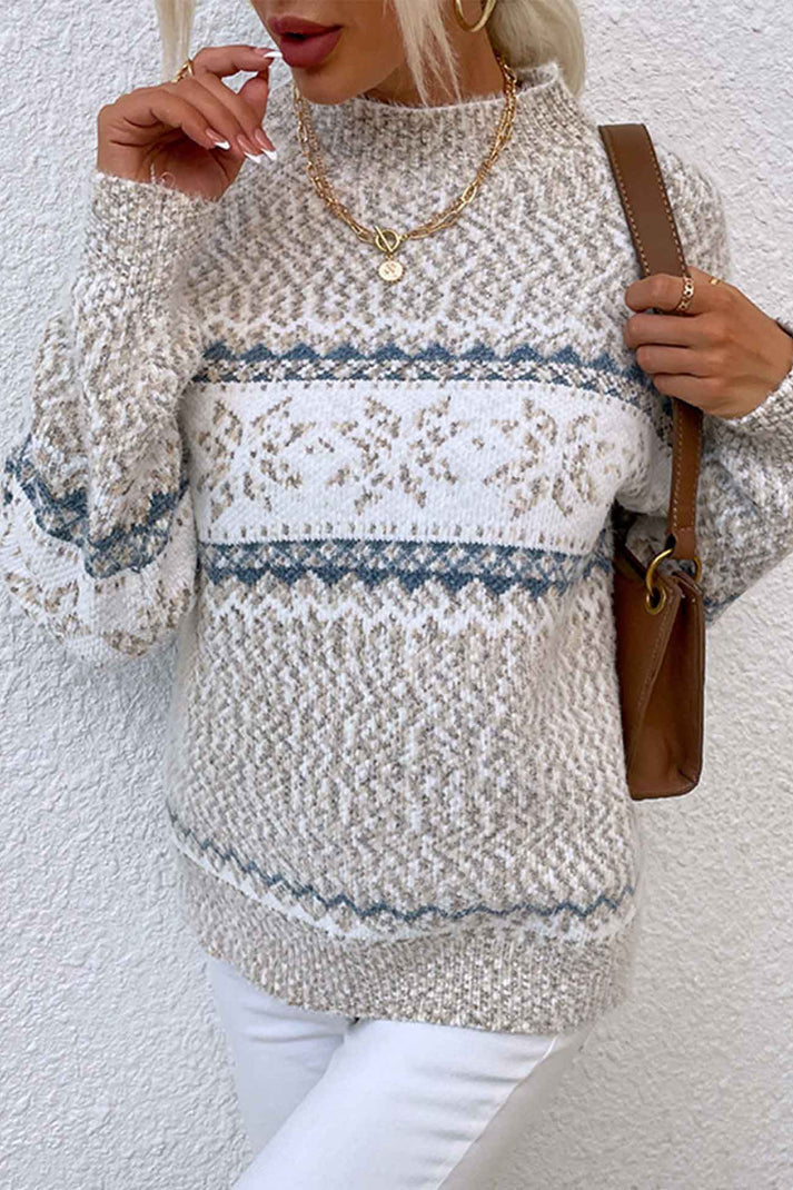 Elegante jersey con motivo de copo de nieve y cuello en contraste