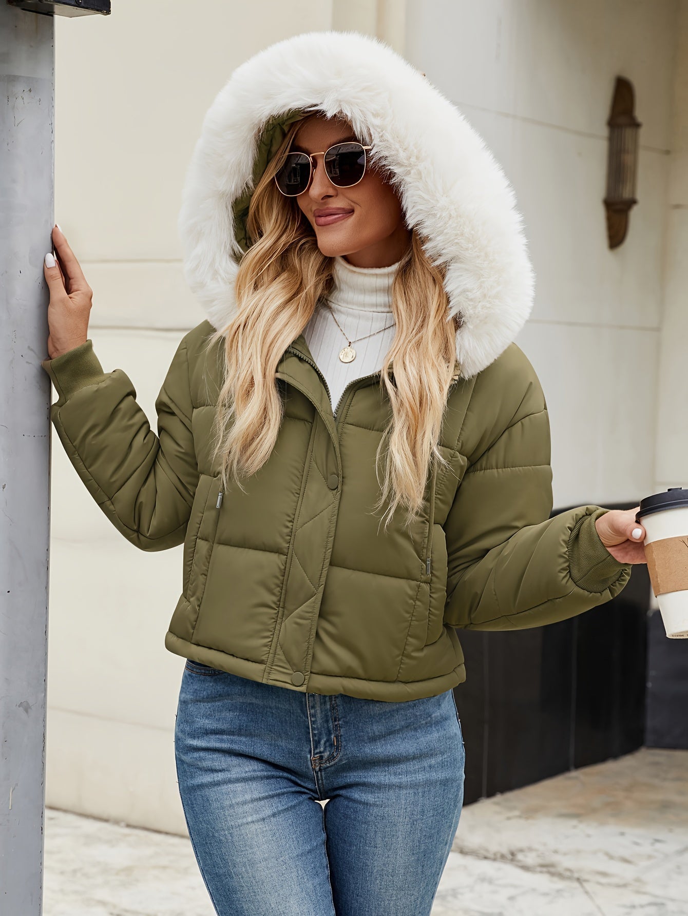 Elegante chaqueta corta de invierno con capucha de piel para mujer | Ideal para otoño/invierno