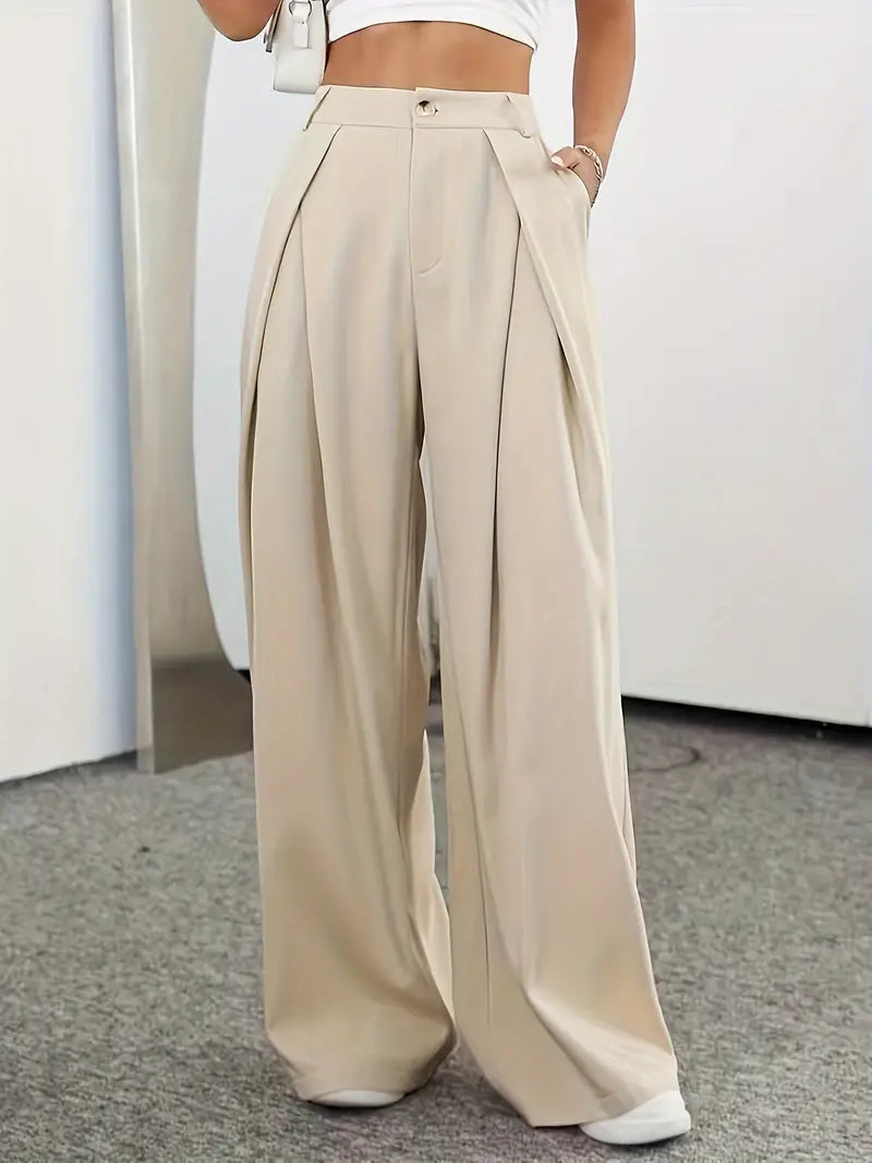 Pantalones lisos plisados de banda con cintura alta para mujer