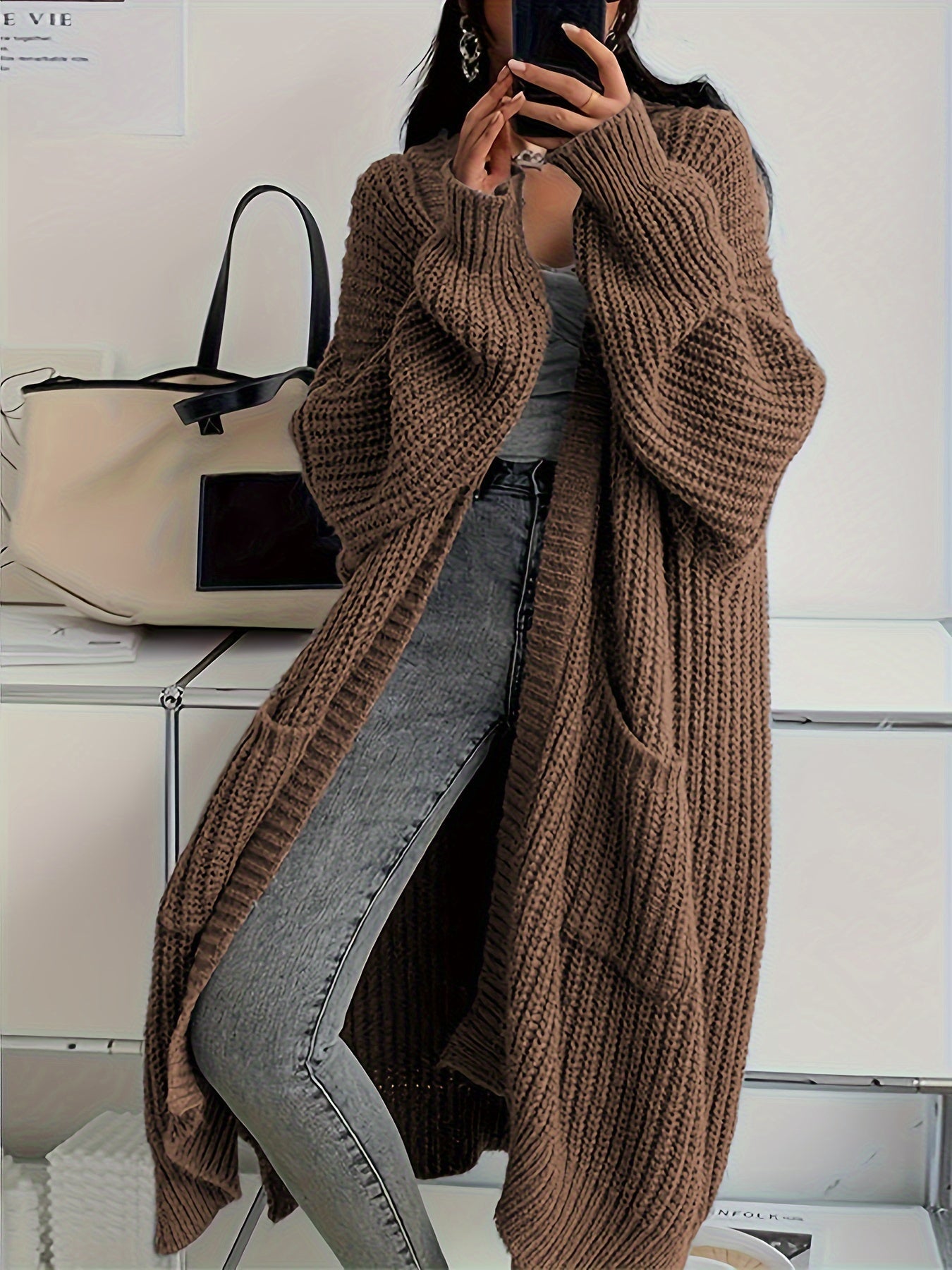 Chaqueta casual larga de lana con bolsillos cosidos para mujer | Perfecta para el día a día