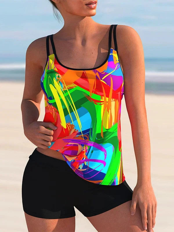 Plus Size-Traje de baño-sin-mangas-estampado-floral-ligero-rayas-Tankini