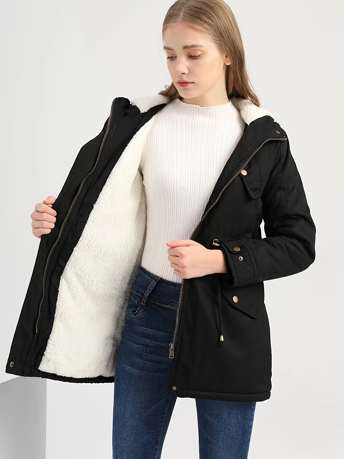 Lässigi chaqueta negra de invierno con capucha para mujer | Ideal para otoño/invierno