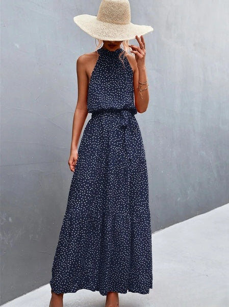vestido mono más vendido con tirantes y cuello halter con estampado de lunares ondulados