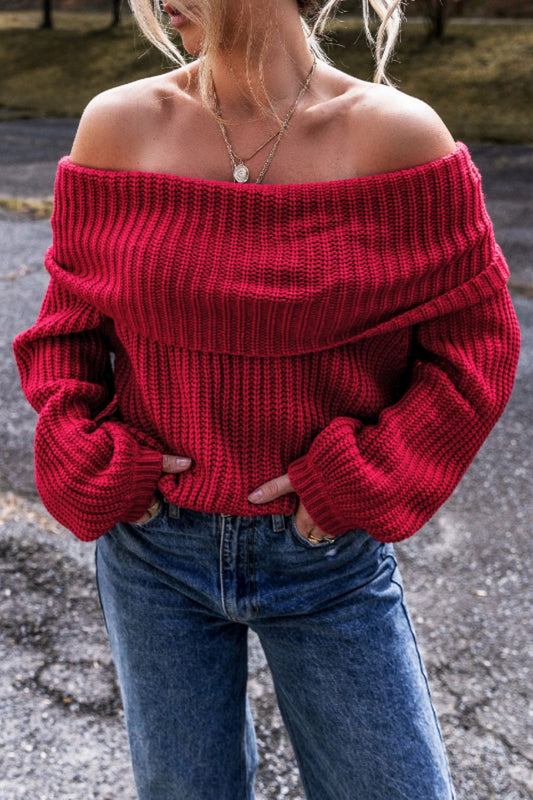Isla | Rojo oscuro Jersey de mujer de manga larga sin hombros