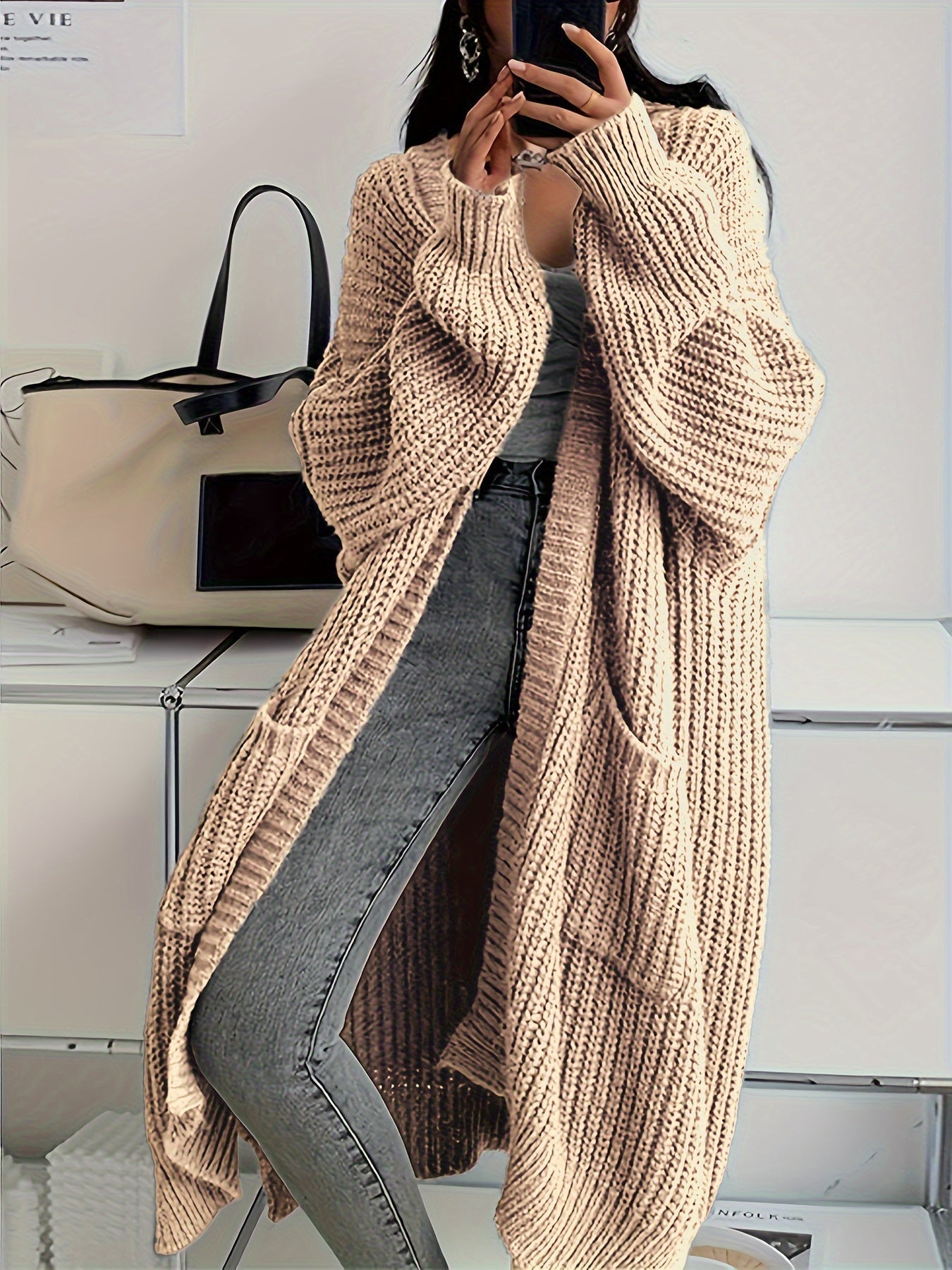 Chaqueta casual larga de lana con bolsillos cosidos para mujer | Perfecta para el día a día