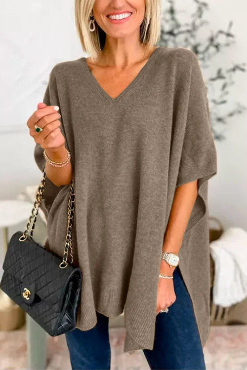 Jessica | Jersey poncho liso con cuello en V, elegante corte holgado