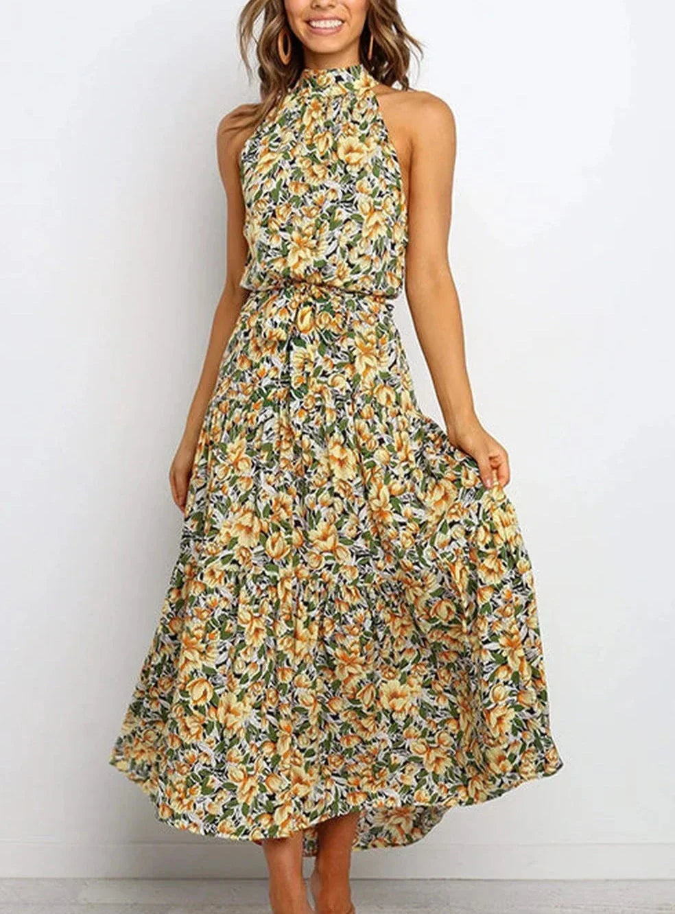 Vestido largo estampado con lazo en la cintura