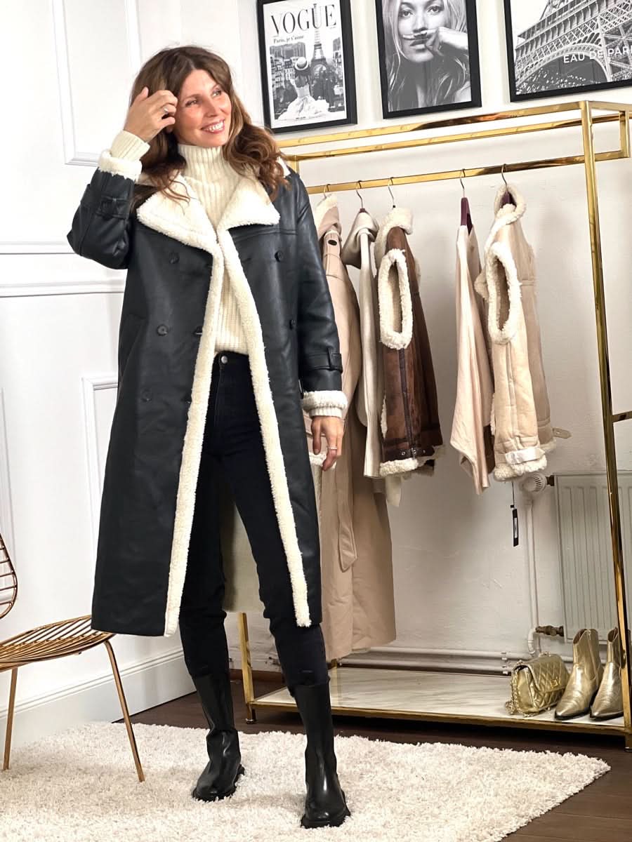 Lujoso abrigo largo de shearling vegano para mujer