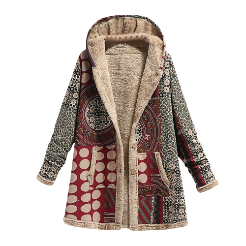 Lujosa, elegante y cálida chaqueta con capucha de patchwork de piel de oveja para mujer
