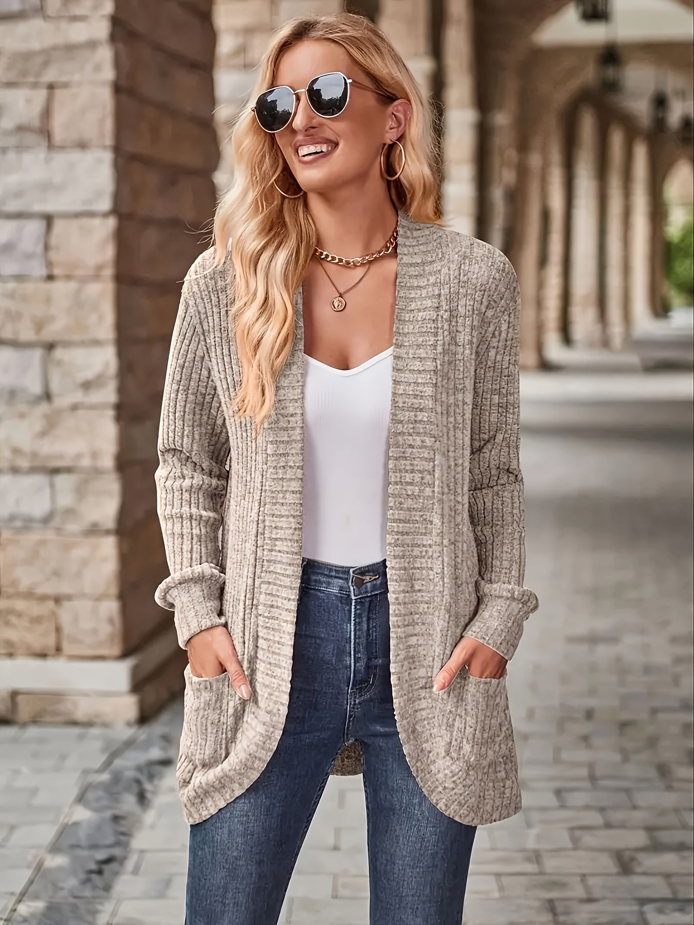 Emilia - Chaleco abierto liso con bolsillos, mujer