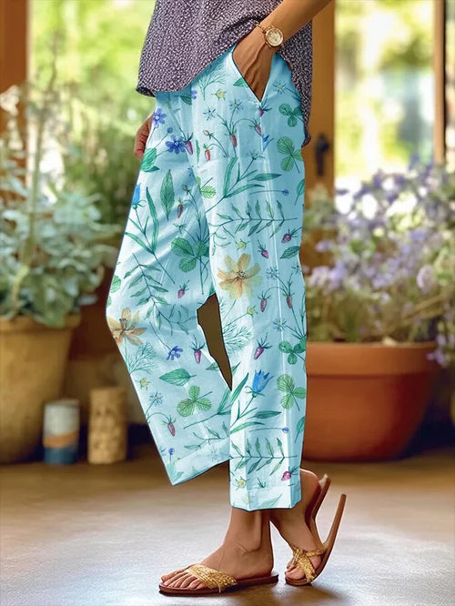 Women's Floral Patterned Loose Pocket Patchwork Casual Trousers
