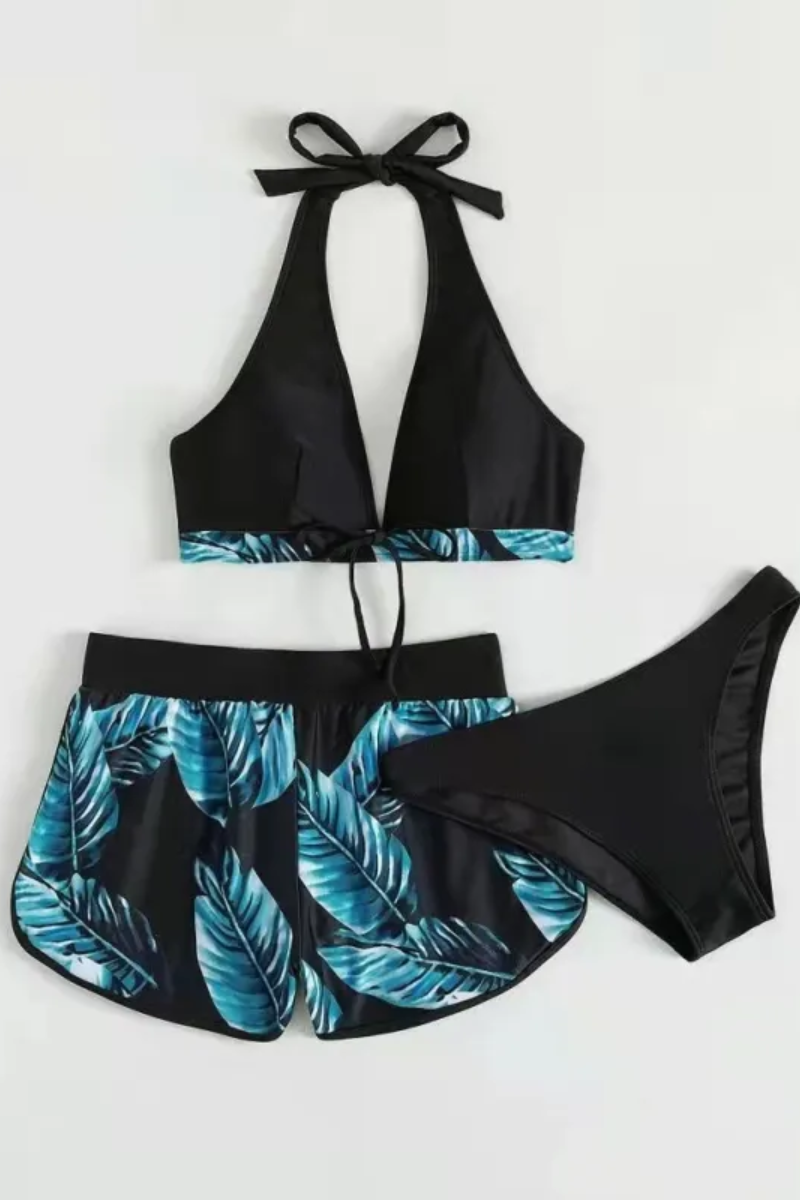 Ava | Conjunto de bikini de 3 piezas con estampado de hojas para mujer