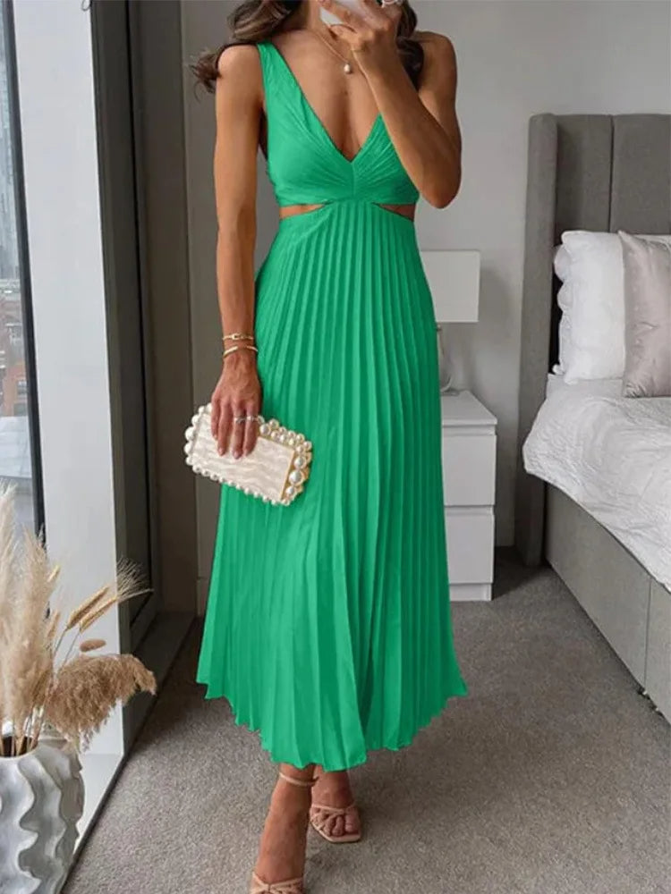 Elegante vestido sin mangas con espalda abierta y elegante sofisticación para ocasiones con clima cálido