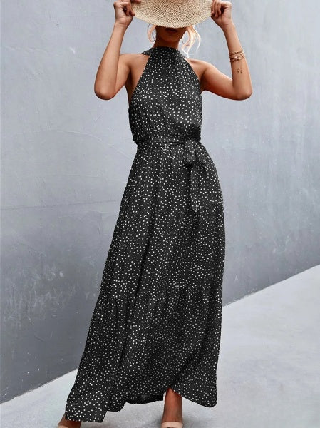 vestido mono más vendido con tirantes y cuello halter con estampado de lunares ondulados
