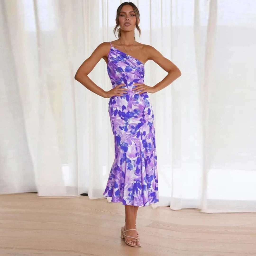 Vestido largo asimétrico con estampado floral para ocasiones especiales