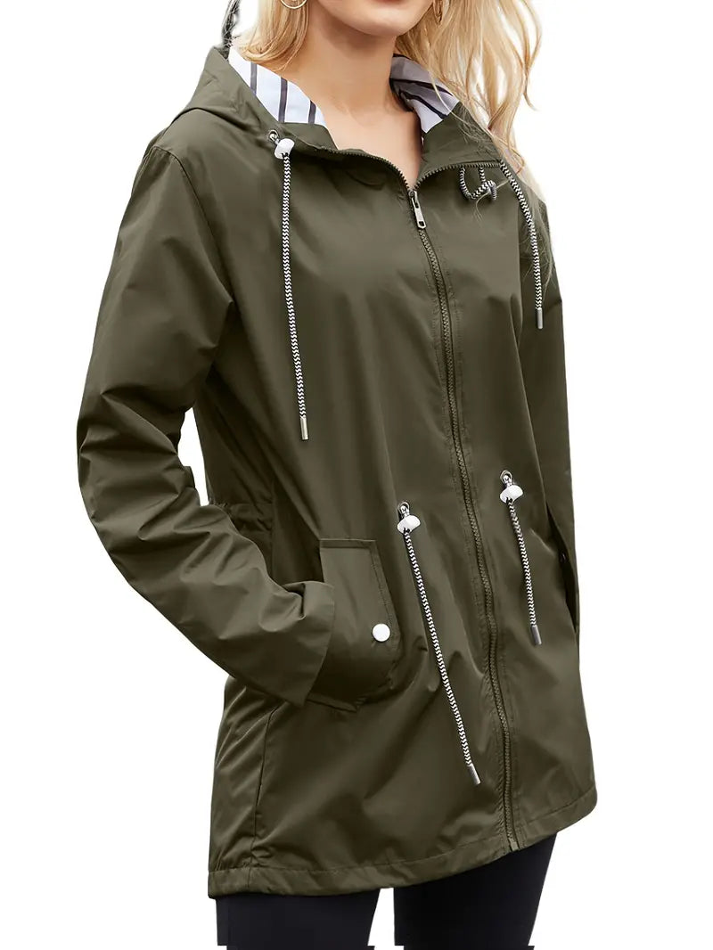 Chubasquero casual impermeable con capucha y manga larga, medio largo para mujer | perfecto para otoño/invierno