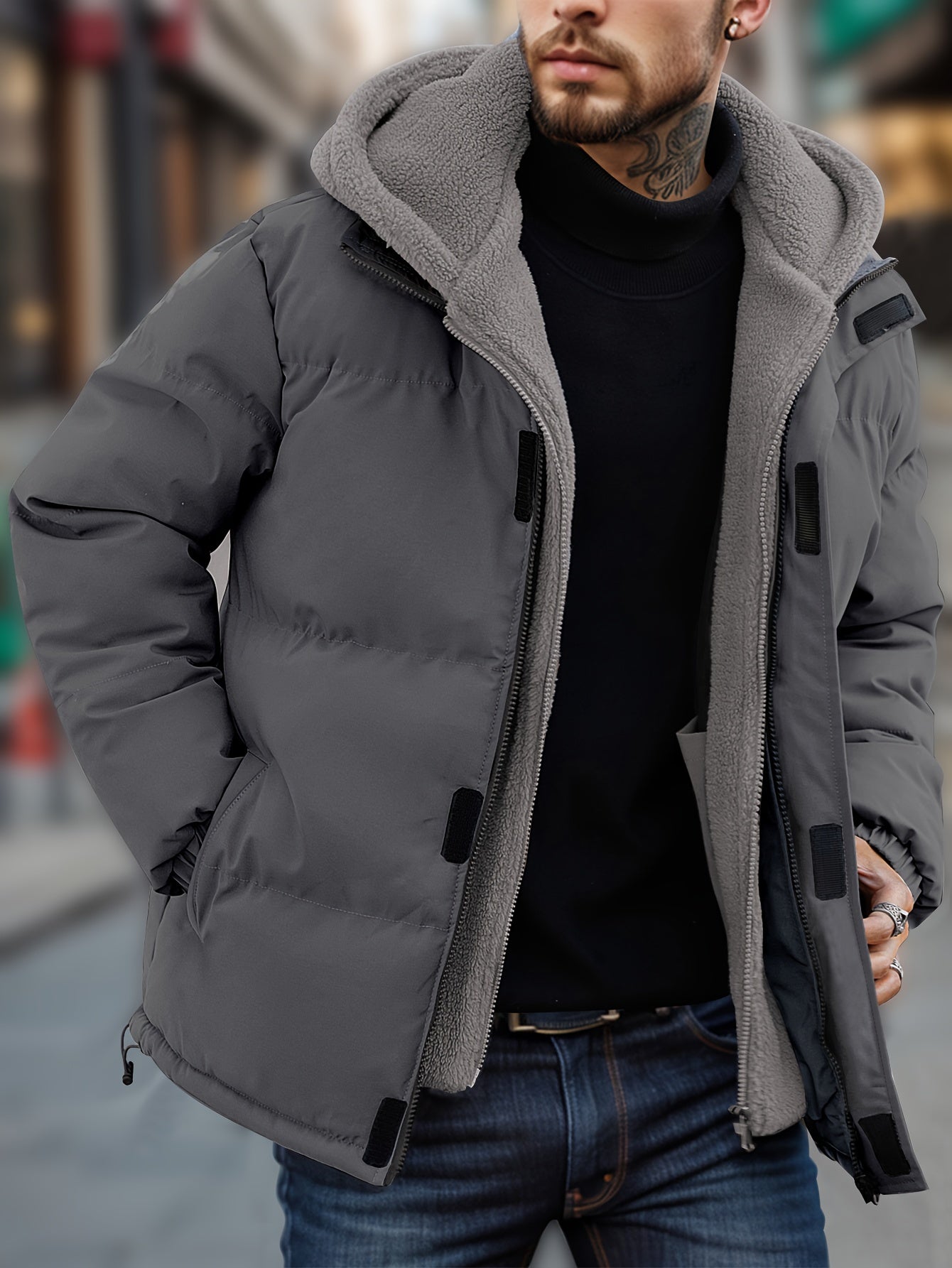 Cálido grueso con capucha sin cremallera de imitación de dos piezas chaqueta de invierno para los hombres | Perfecto para actividades al aire libre