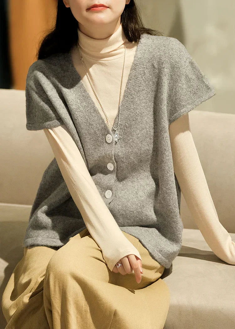 Chaleco Abotonado Beige Cuello V | Manga Corta