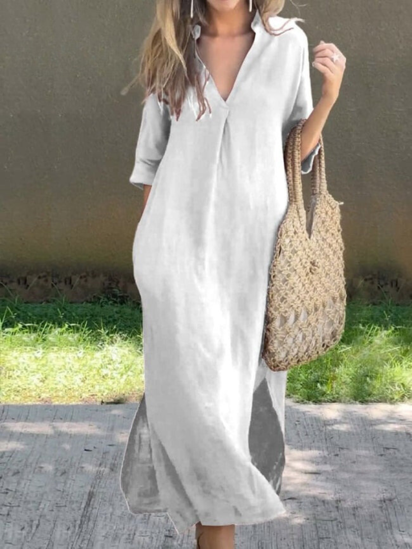 Elegante maxi vestido con escote en V y silueta holgada