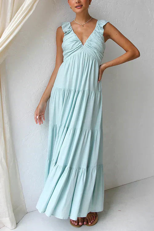 maxi vestido sin mangas con escote en V y volantes