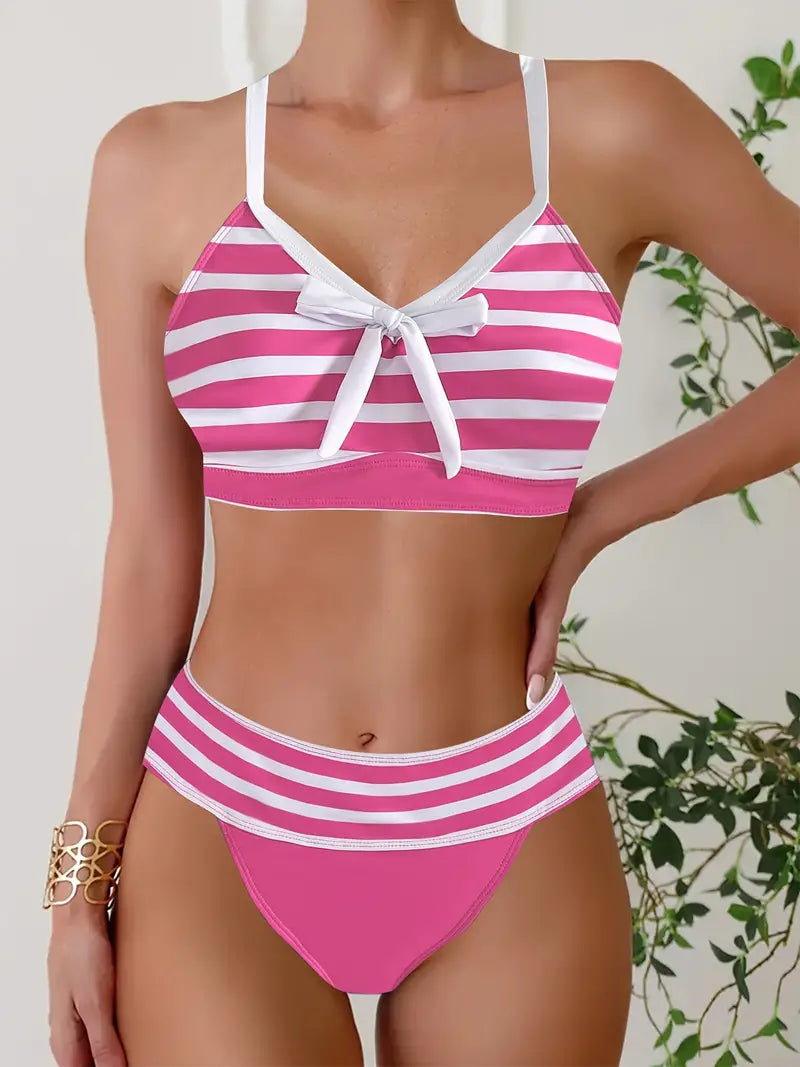 Sexy bikini con cuello en V y estampado de rayas
