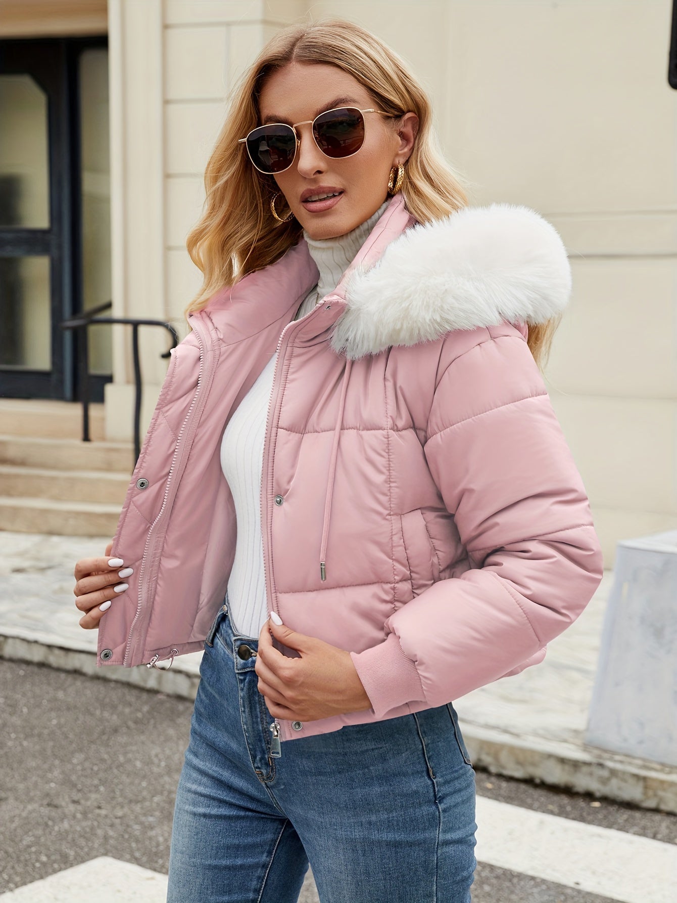 Elegante chaqueta corta de invierno con capucha de piel para mujer | Ideal para otoño/invierno