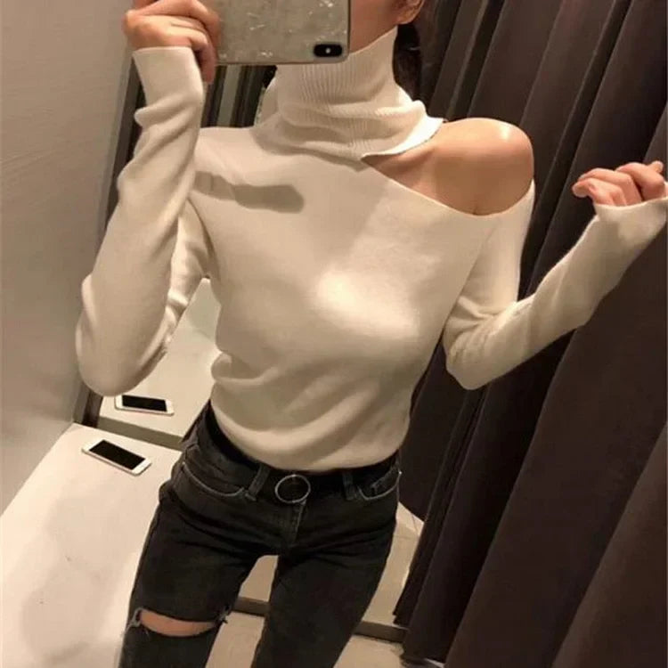 Elegante jersey de punto para mujer con hombros redondeados | jersey de cuello alto y manga larga