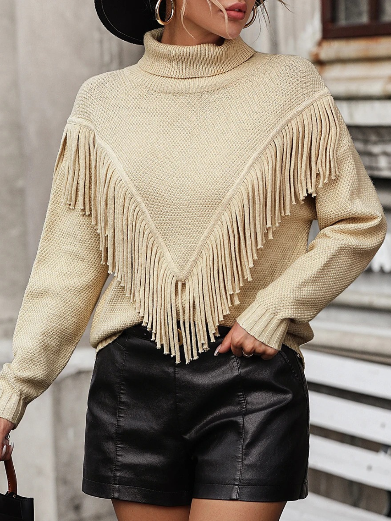 Juliette - Jersey de mujer de cuello alto con flecos