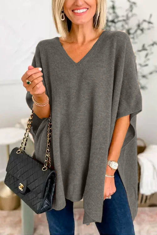 Jessica | Jersey poncho liso con cuello en V, elegante corte holgado