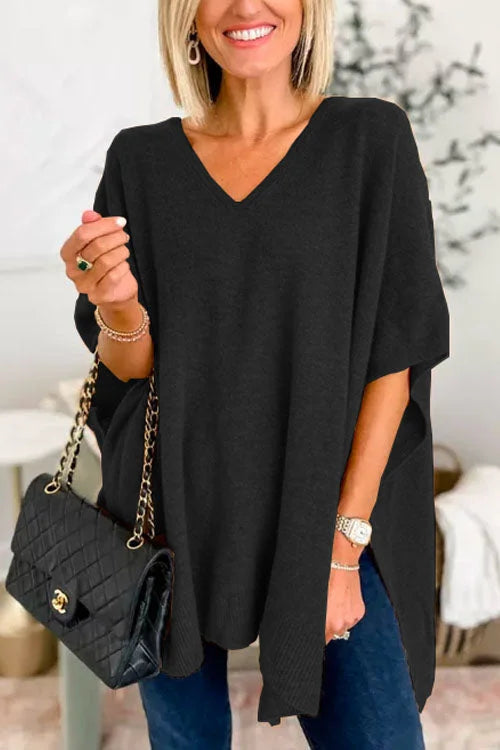 Jessica | Jersey poncho liso con cuello en V, elegante corte holgado