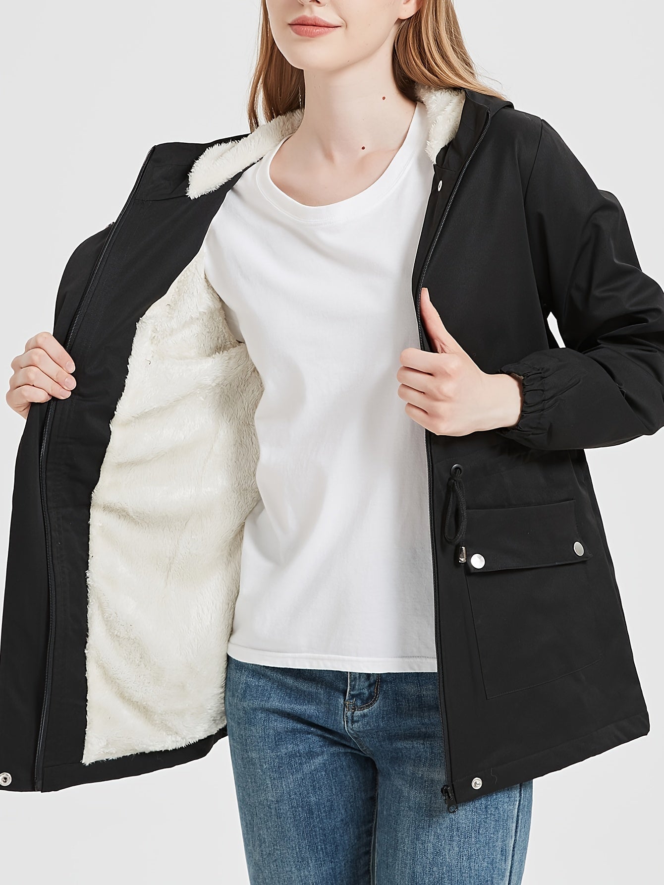 Chaqueta casual de invierno negra con forro de piel sintética y cintura ajustable para mujer | Ideal para otoño/invierno